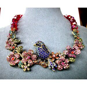 Colorful Crystal Bird & Flower Statement Necklace 18"/extension
